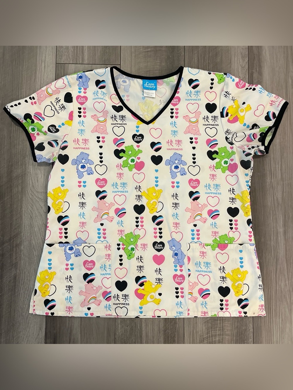 Vintage Care Bears White V-Neck Scrub Top with Multicolor Bear Print